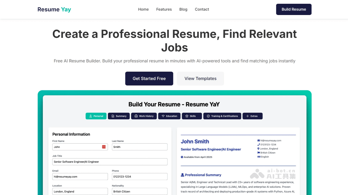 ResumeYay – 免费AI简历生成工具,提供智能建议增强工作描述